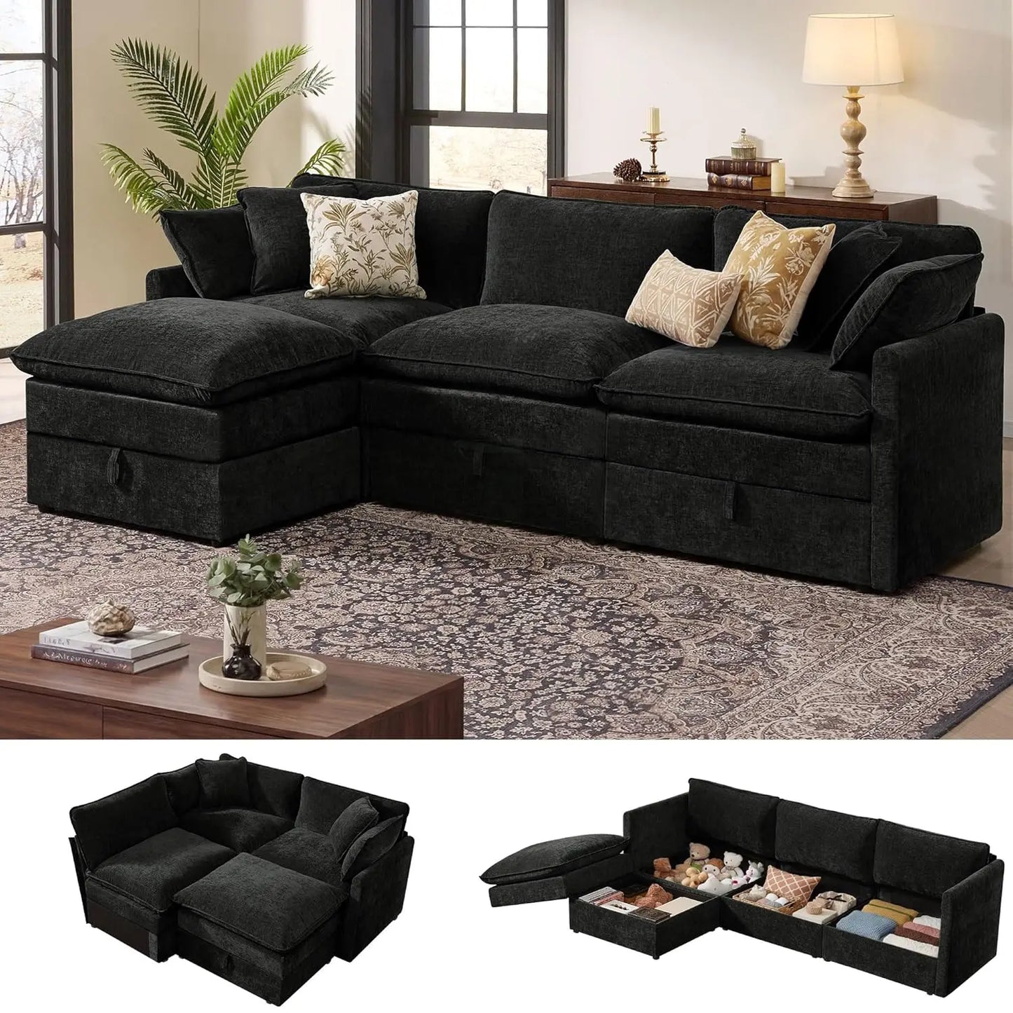 Modular Sectional Sofa With Storage L Shaped Chenille Movable Ottoman