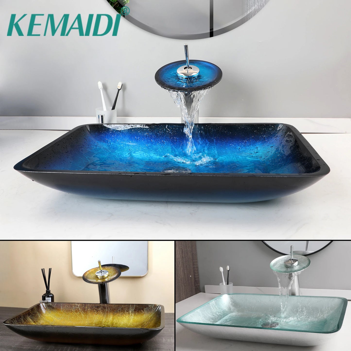 YANKSMART Tempered Glass Basin Sink Washbasin Faucet Set