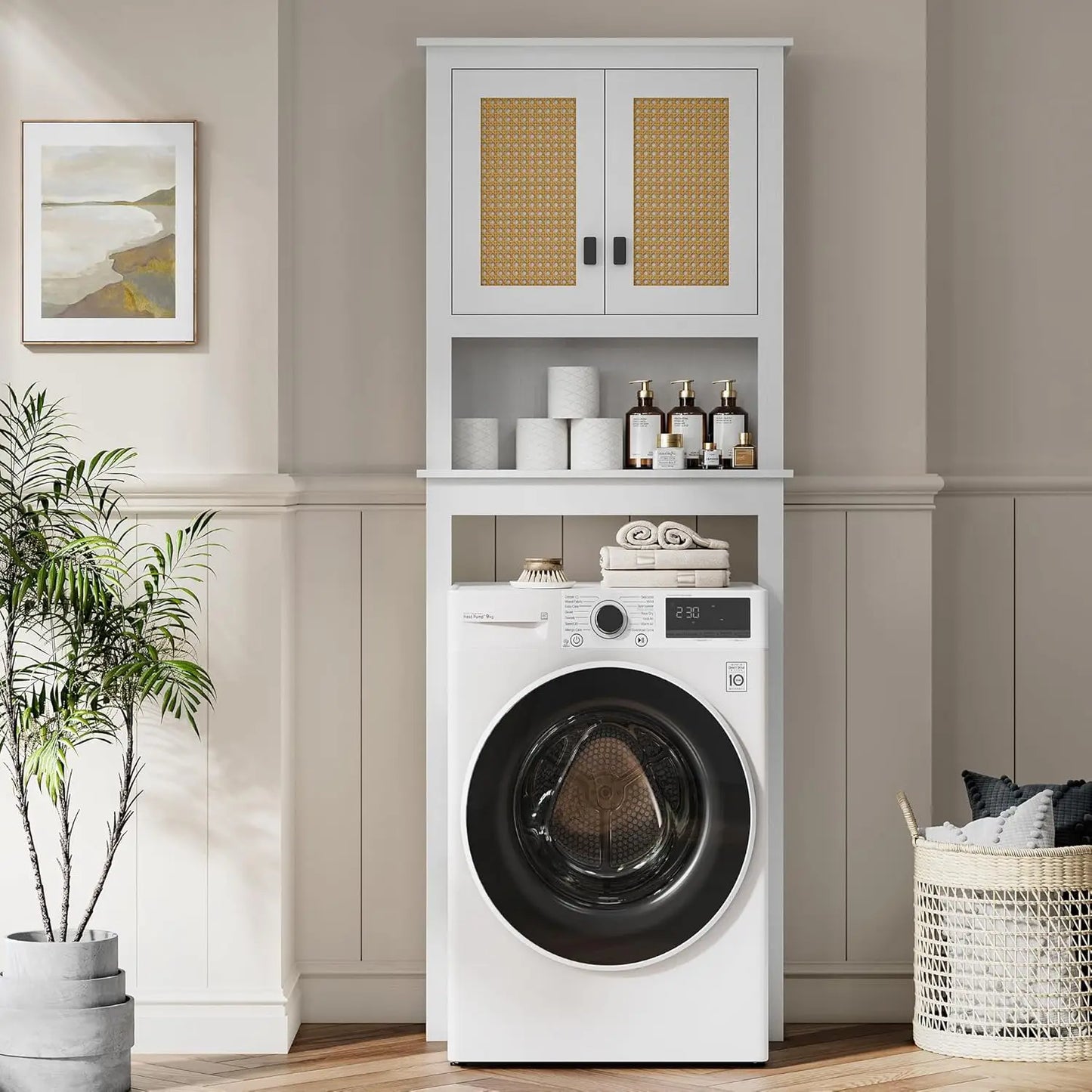 Farmhouse Over Toilet Storage Cabinet With Natural Rattan Doors