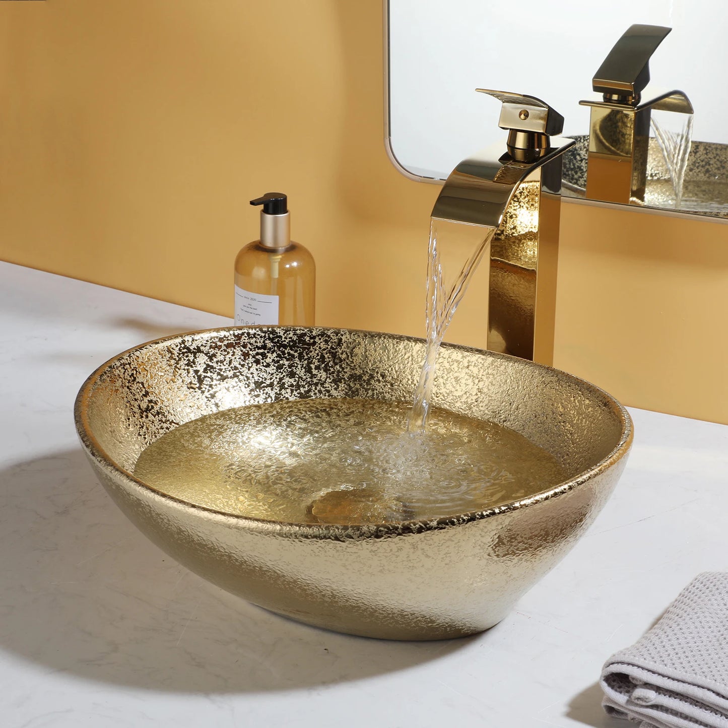 MEKKHALA Ceramic Vessel Sink Set With Waterfall Faucet For Bathroom