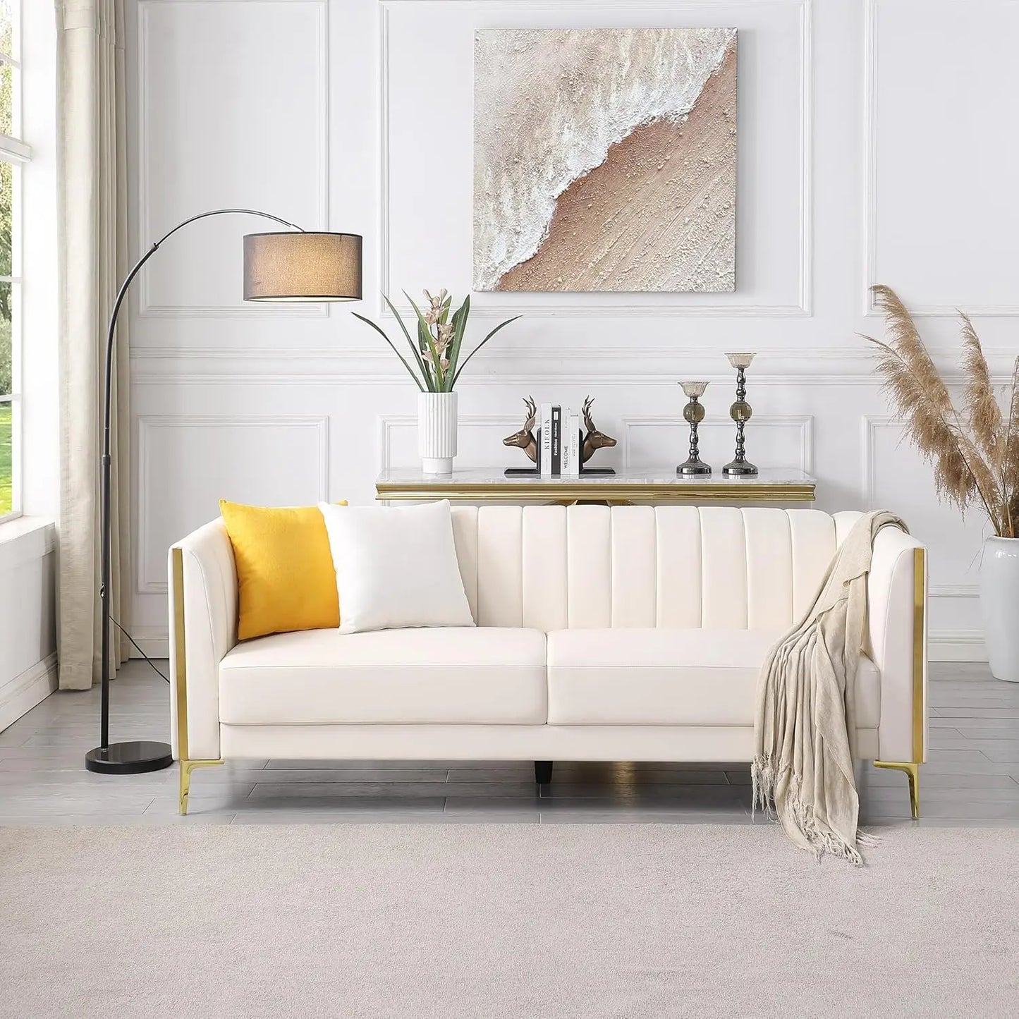 78in White Faux Leather Sofa 3 Seater Gold Metal Legs Deep Seat Living Room with 2 Pillows, Customized