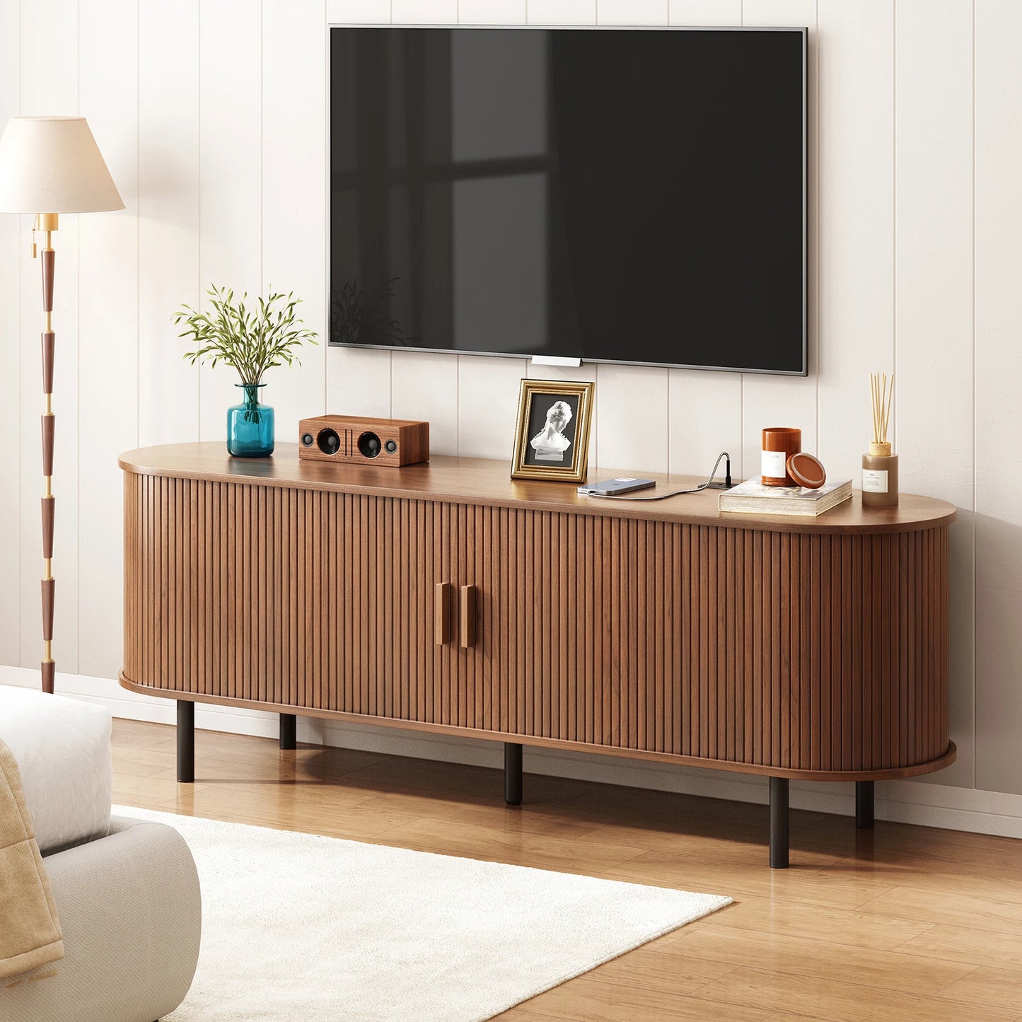 TV Stand With Power Outlet and Sliding Door Storage Entertainment Center