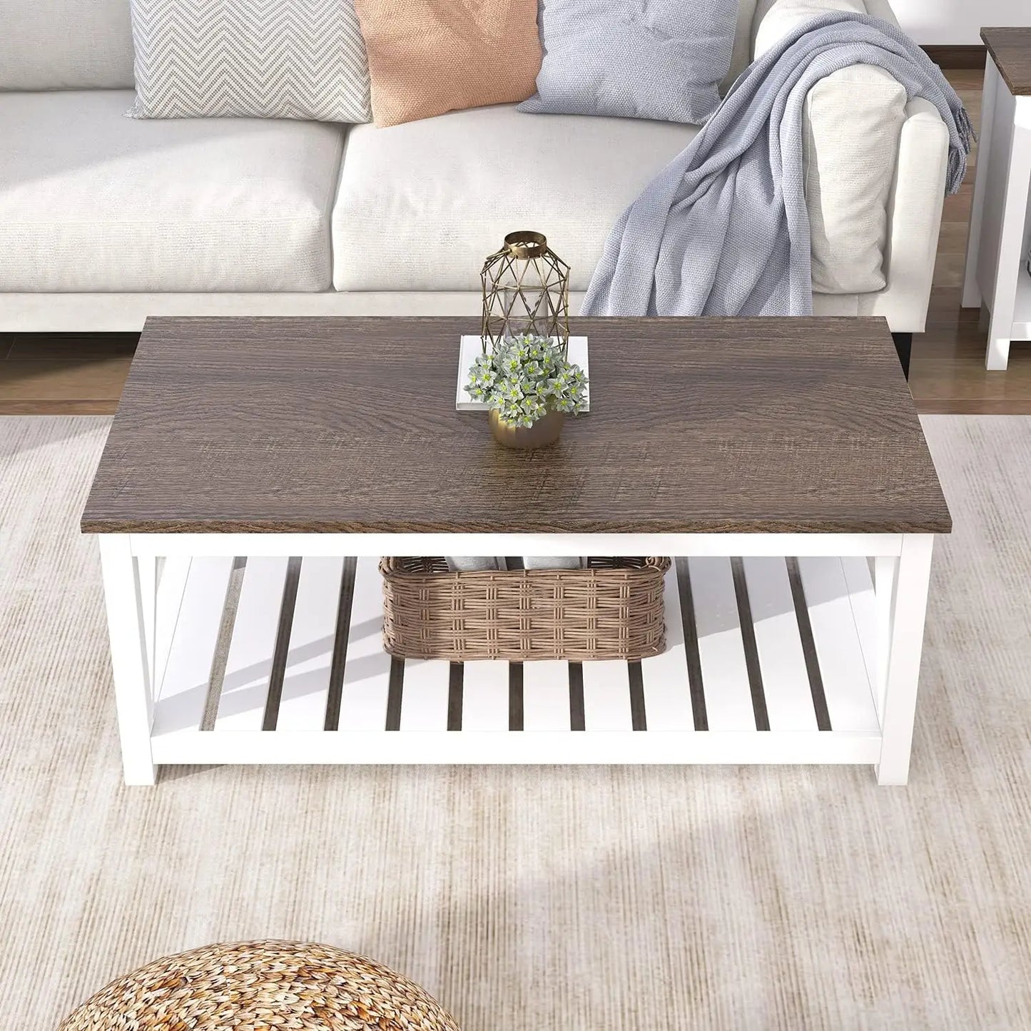 Rustic Vintage Farmhouse Coffee Table with Built-in Shelf, White Finish, Stylish Living Room Accent Furniture, 40-inch