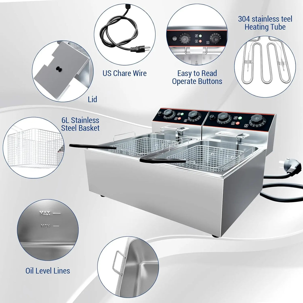 Acekool Commercial Electric Deep Fryer With Dual Baskets