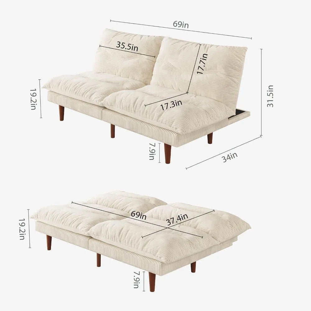 Corduroy Futon Sofa Bed With Adjustable Backrest And Convertible Sleeper
