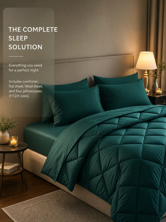 EasYum 7 Piece Bedding Set Quilted Comforter Flat Sheet Fitted Pillowcases