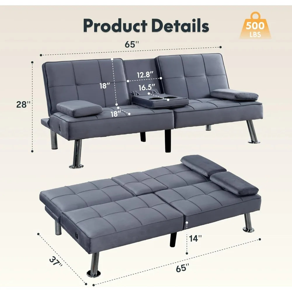 XCT3 Futon Sofa Bed With USB Type-C Charging Adjustable Backrest