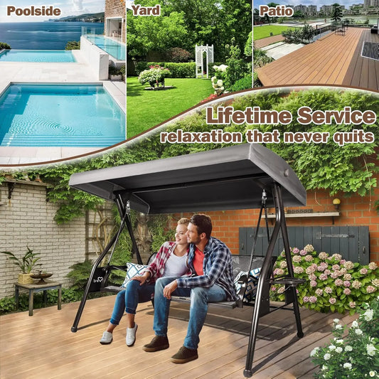 Three-Seat Patio Swing Chair With Adjustable Canopy Textilene Cup Holders