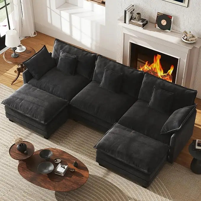 U-Shape Modular Sectional Sofa Chenille Deep Seat With Movable Ottomans