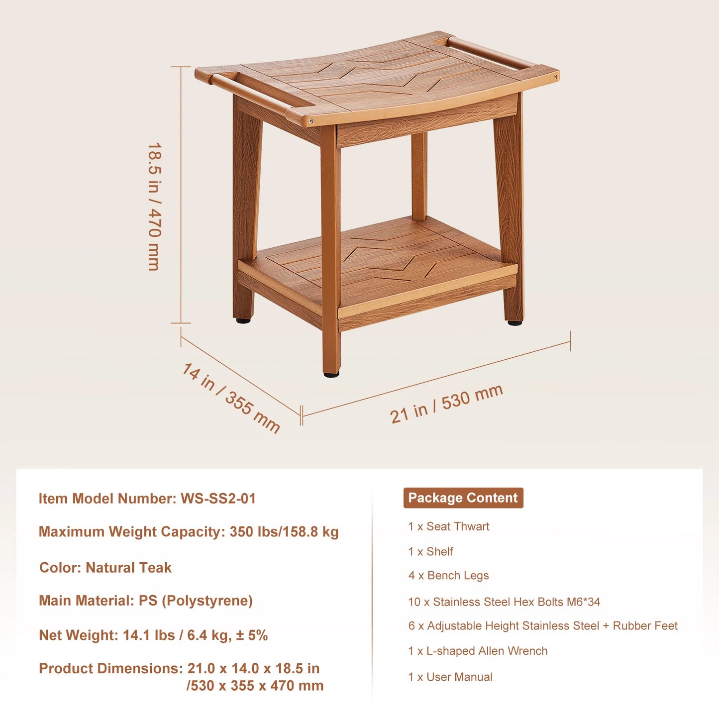 SucceBuy Bamboo Shower Bench Waterproof Shower Stool With Storage Shelf 330lbs