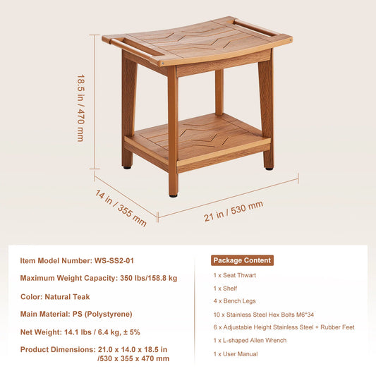 SucceBuy Bamboo Shower Bench Waterproof Shower Stool With Storage Shelf 330lbs