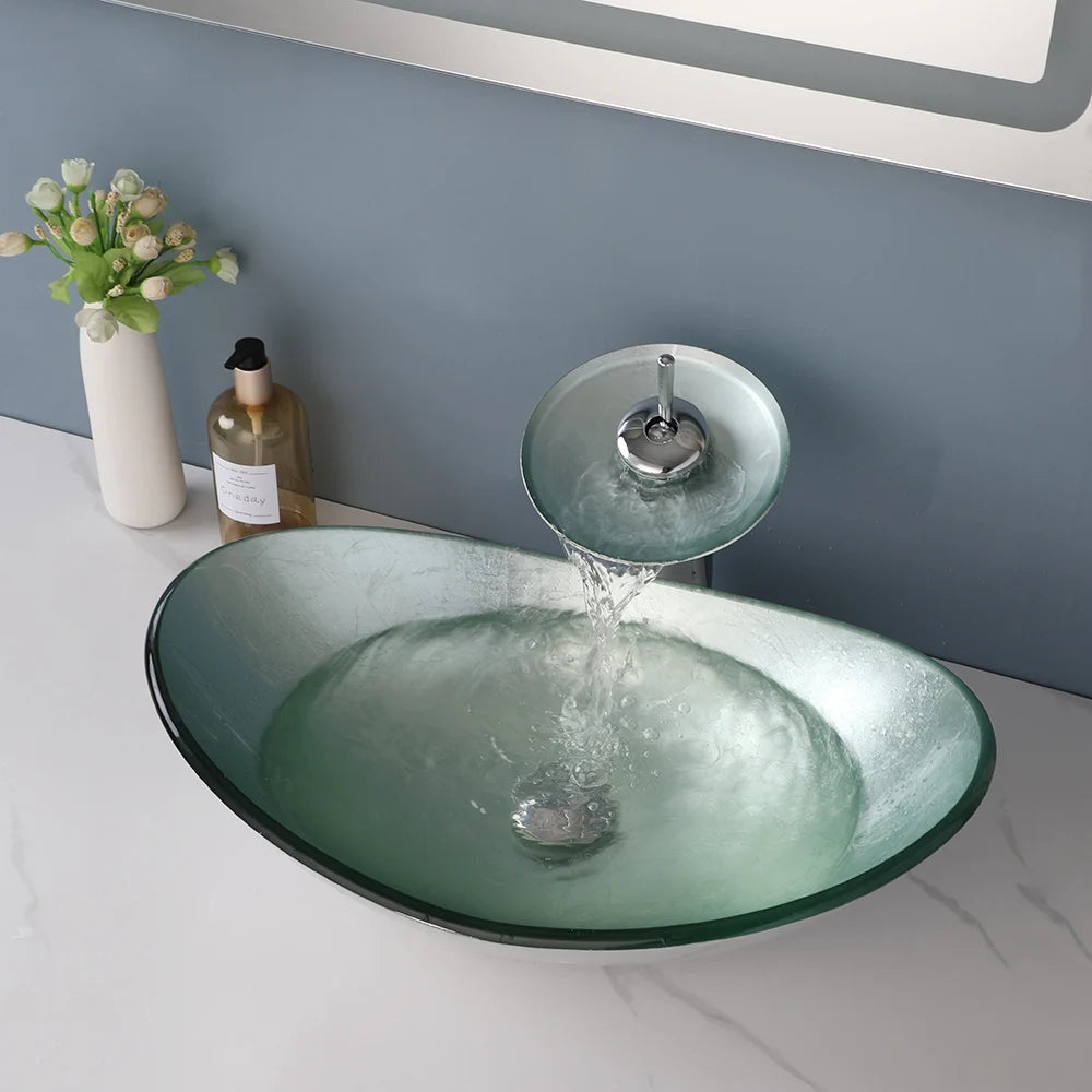 KEMAIDI Bathroom Sink Countertop Basin Sink Tempered Glass Washbasin with Waterfall Faucet Mixer for Washroom Vessel Vanity Bar