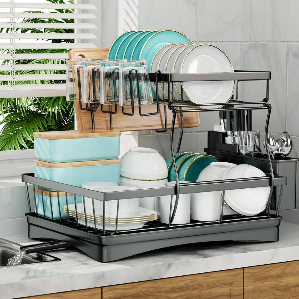 2-Tier Dish Drying Rack For Kitchen Countertops With Removable Tray