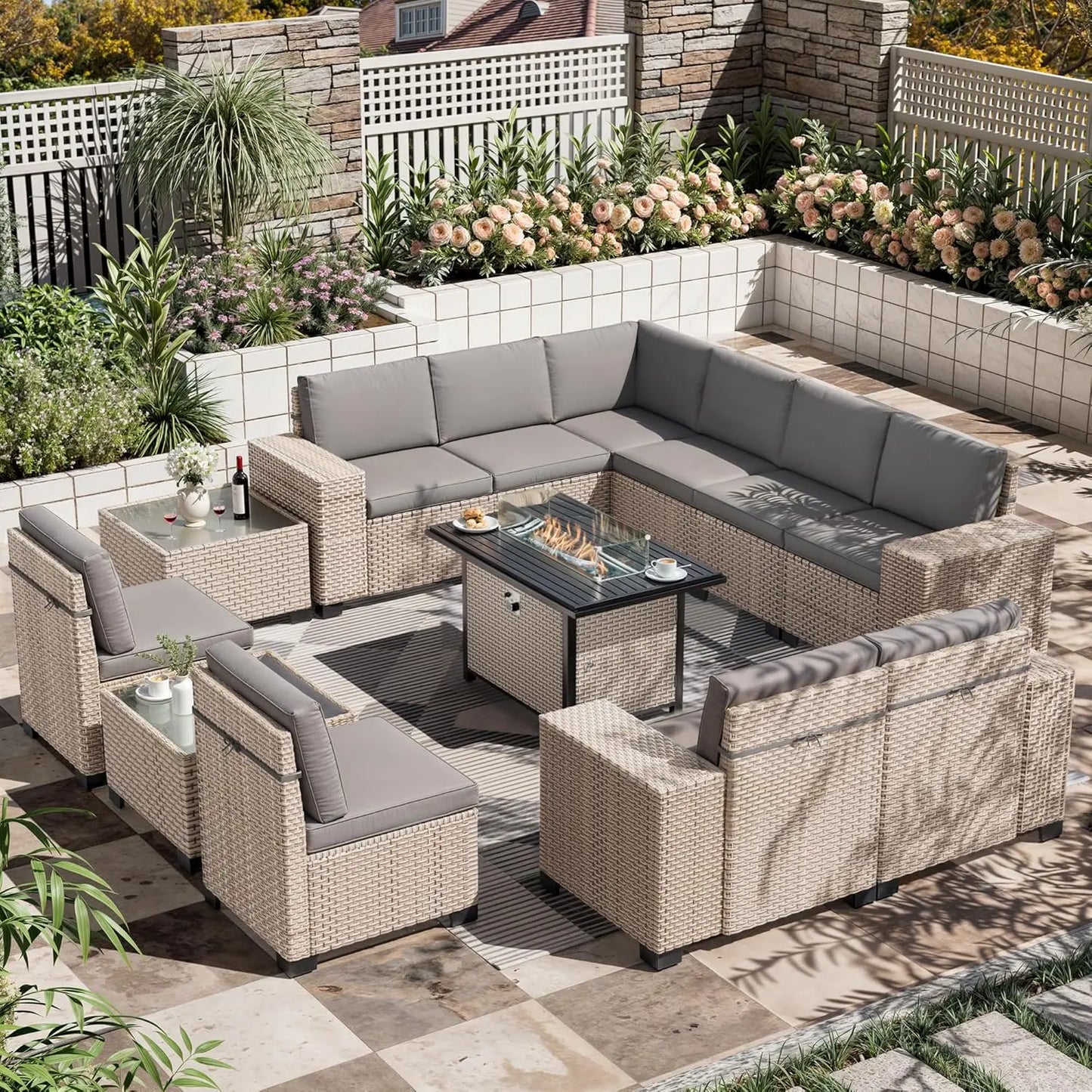 13 Pieces Patio Furniture Set,Outdoor Sectional Wicker Sofa,High Back Rattan Patio Conversation Sets