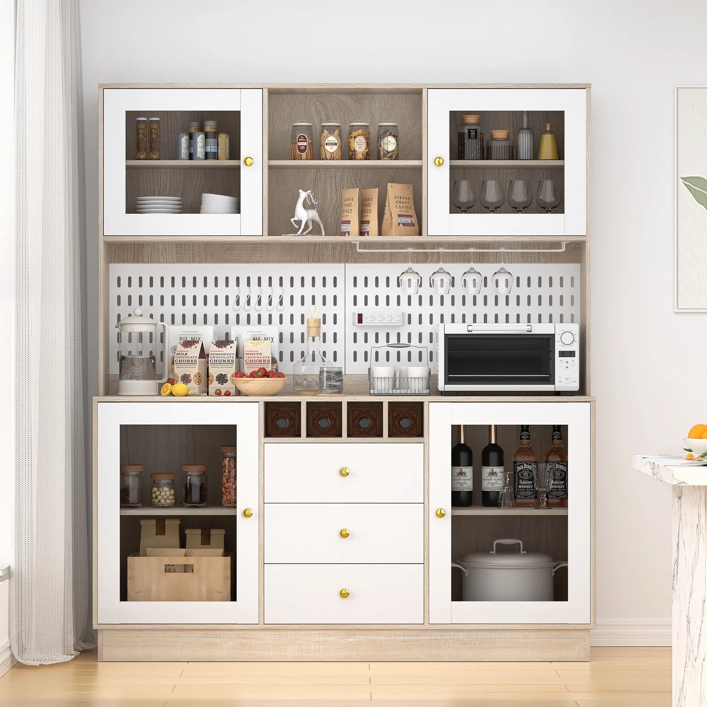 VOWNER Pantry Cabinet Freestanding Kitchen Storage Pegboard Power Outlet