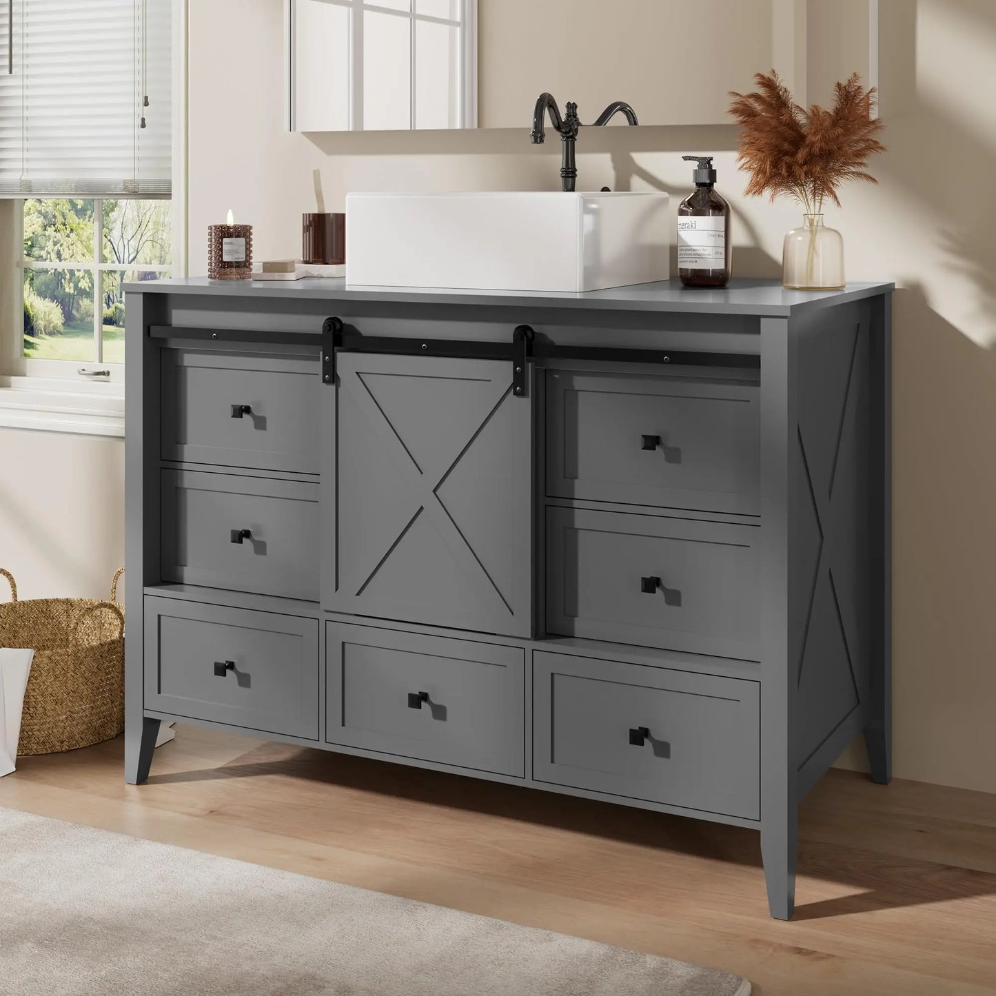 Bathroom Vanity With Ceramic Sink Freestanding Farmhouse Barn Door