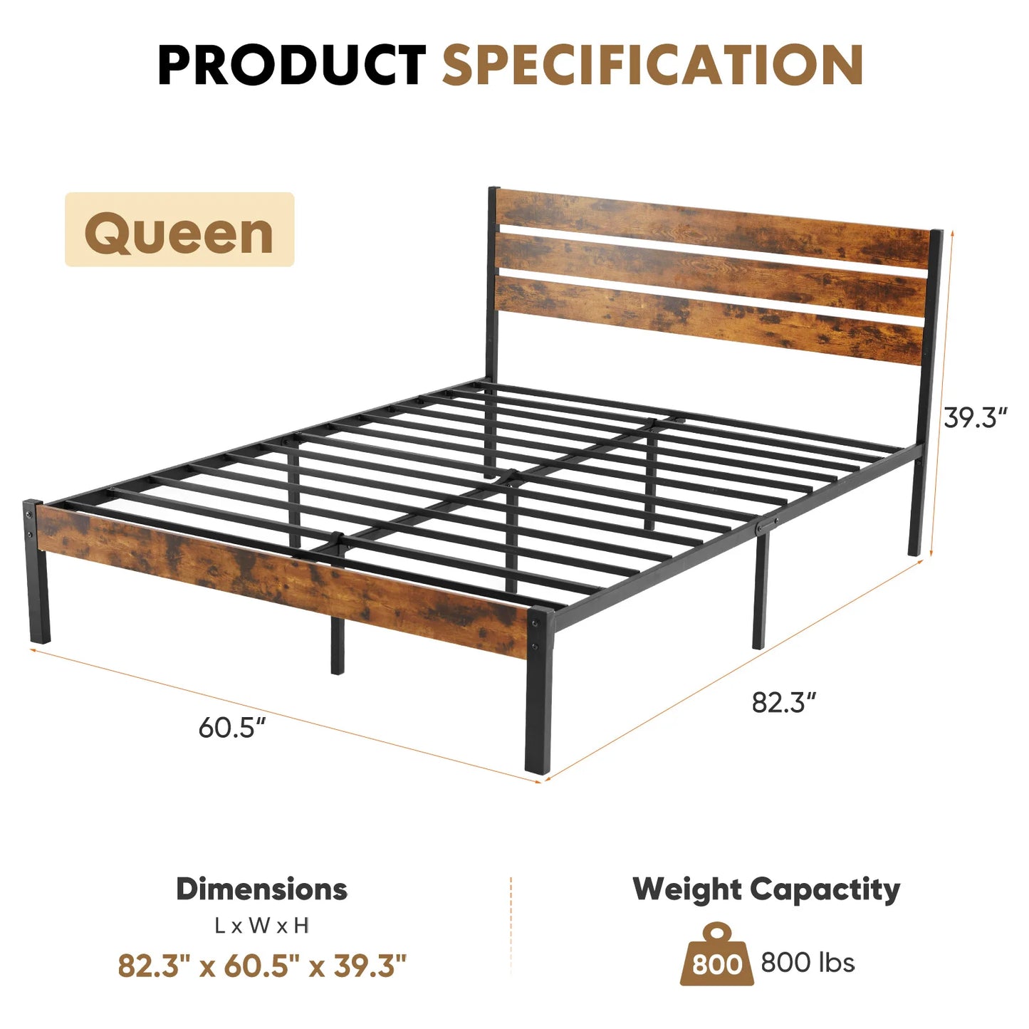 JHK Metal Platform Bed Frame With Headboard And Footboard And Wooden Slats