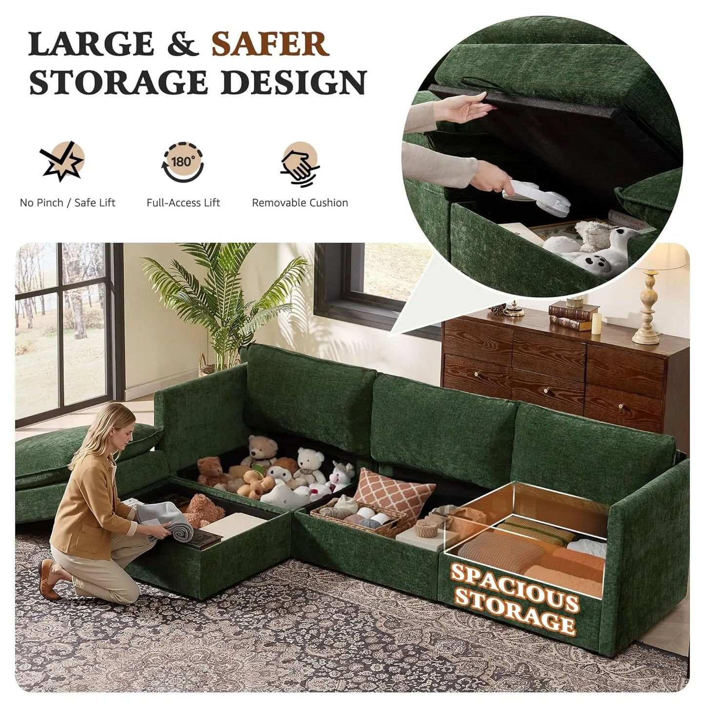 Modular Sectional Sofa With Storage L Shaped Chenille Movable Ottoman