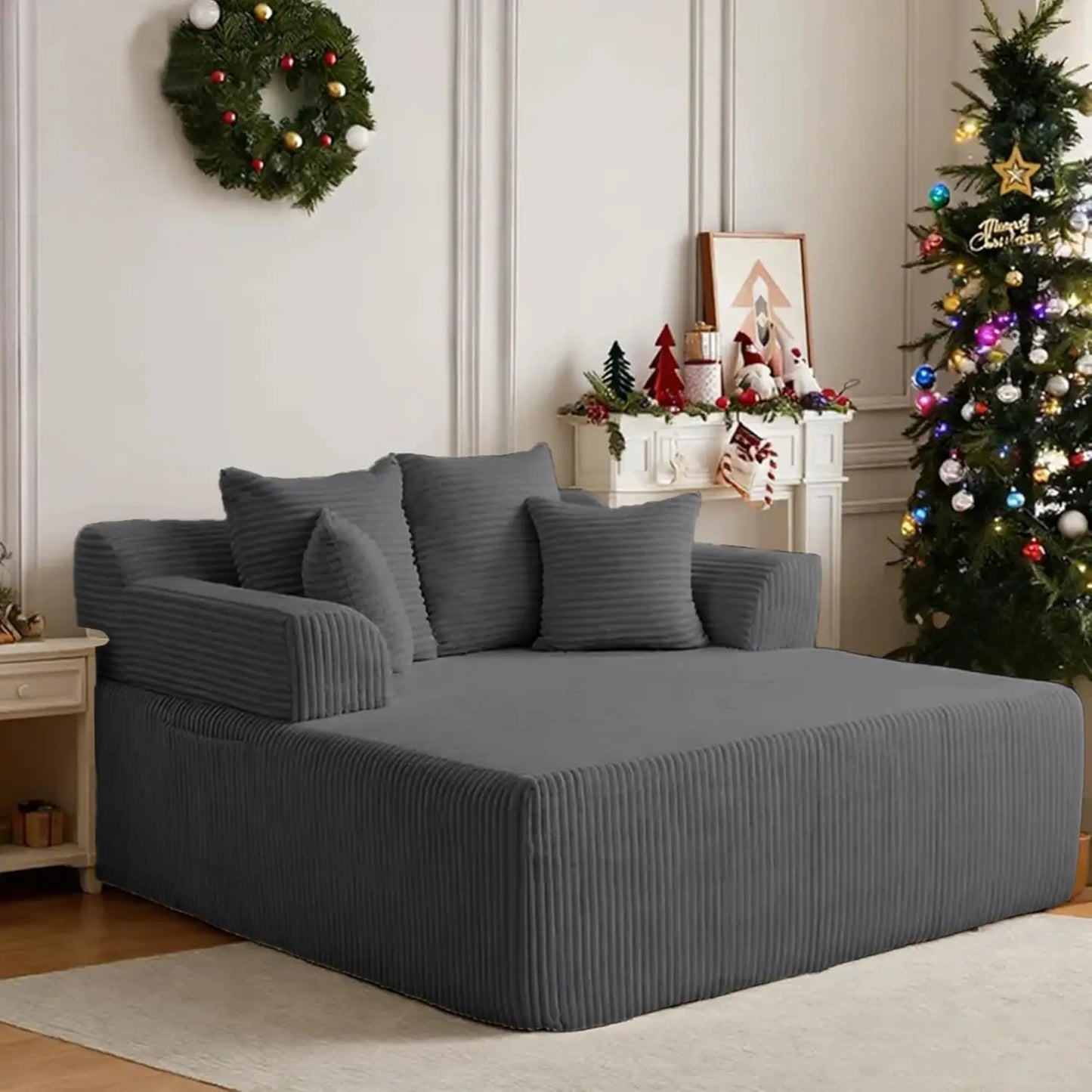 Modern L Shaped Corduroy Chaise Lounge Sofa Bed With Arms