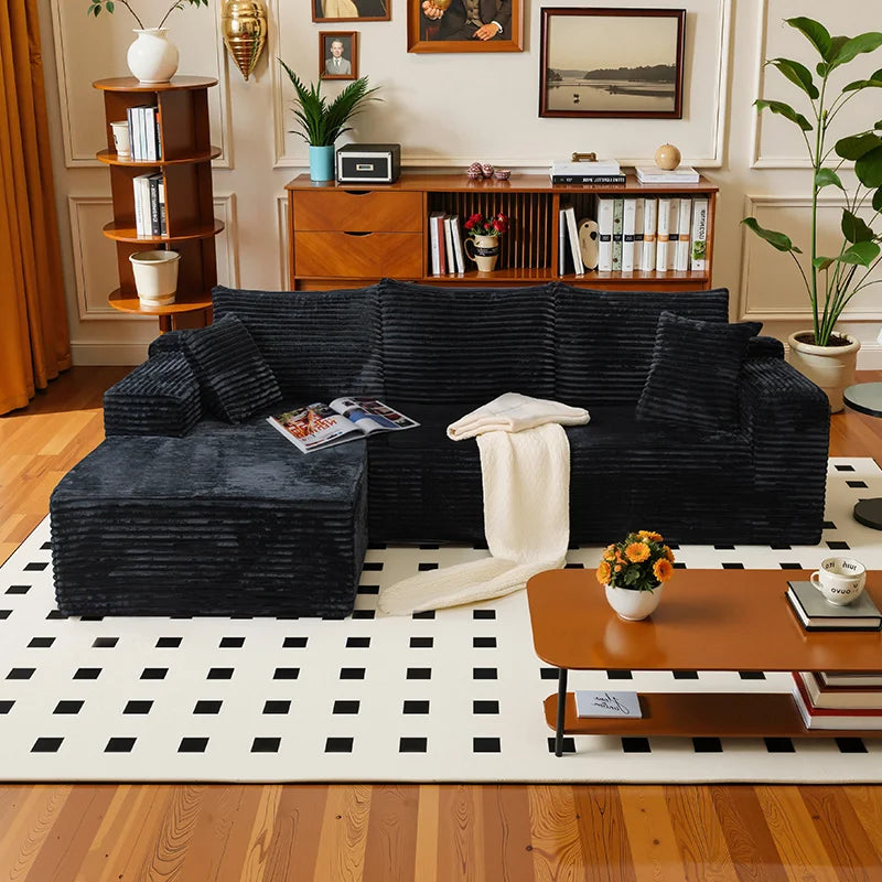 L-Shaped Living Room Sofa Bed Convertible In Corduroy Fabric No Assembly