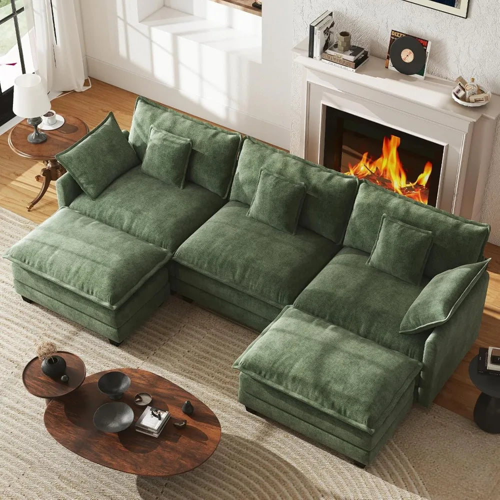 U-Shape Modular Sectional Sofa Chenille Deep Seat With Movable Ottomans