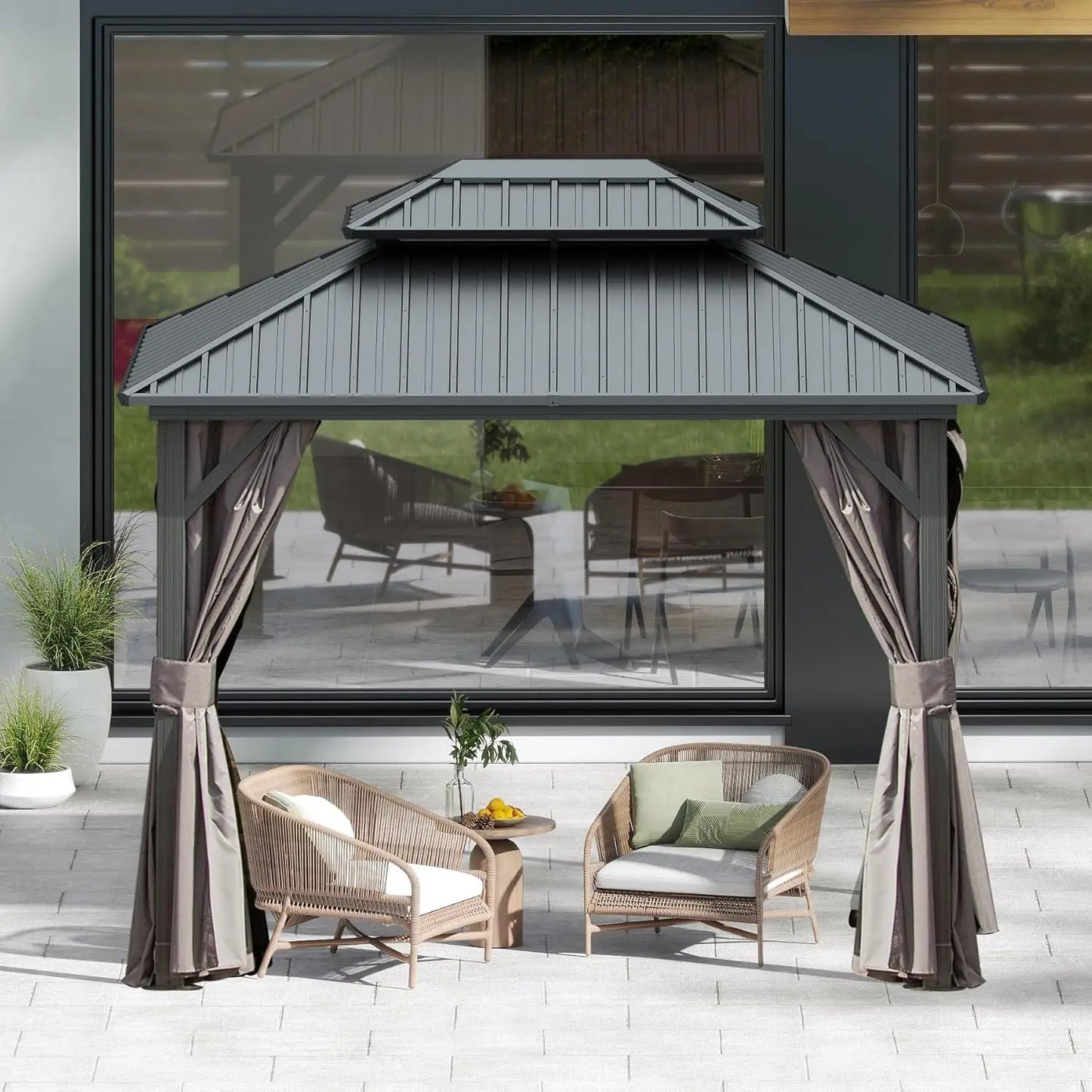 DUOFU Outdoor Gazebo Hardtop With Double Roof And Netting