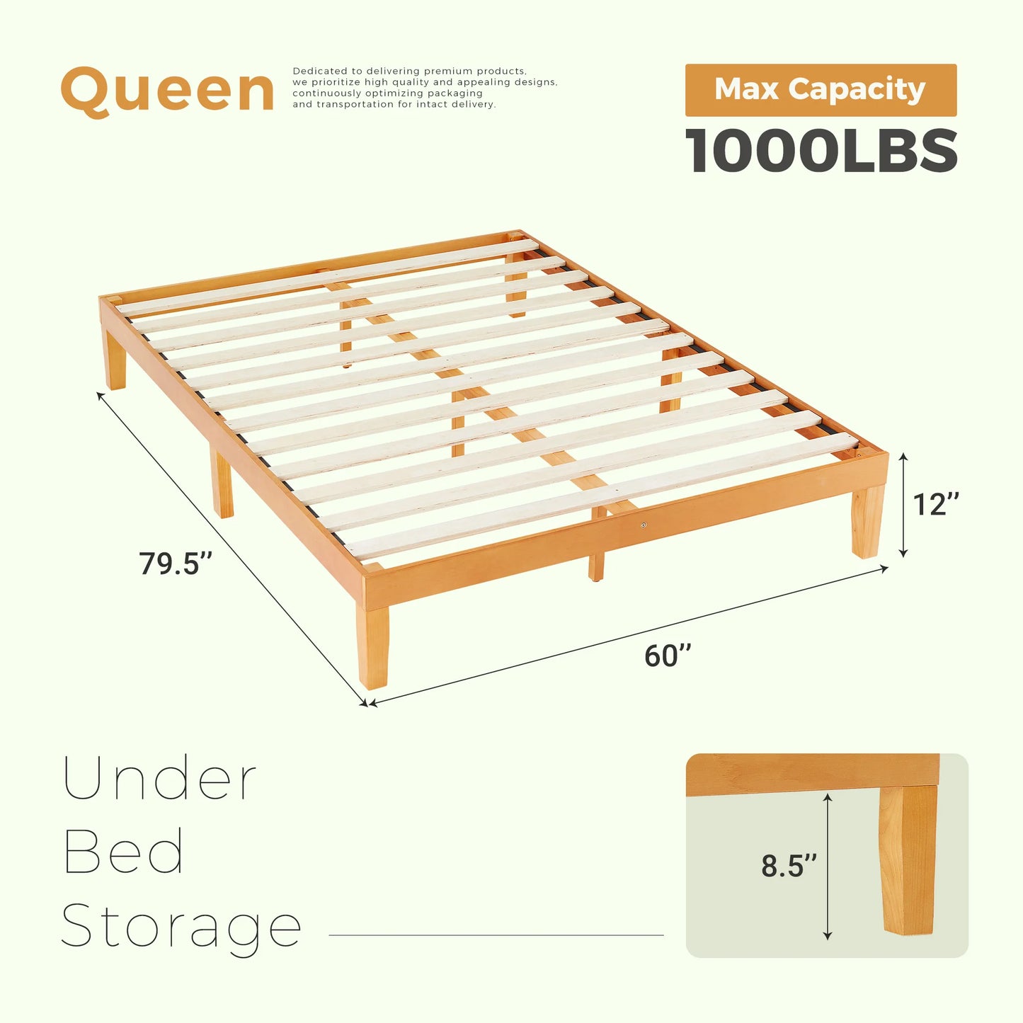 JHK Solid Wood Bed Frame With Sturdy Slat Support EcoFriendly