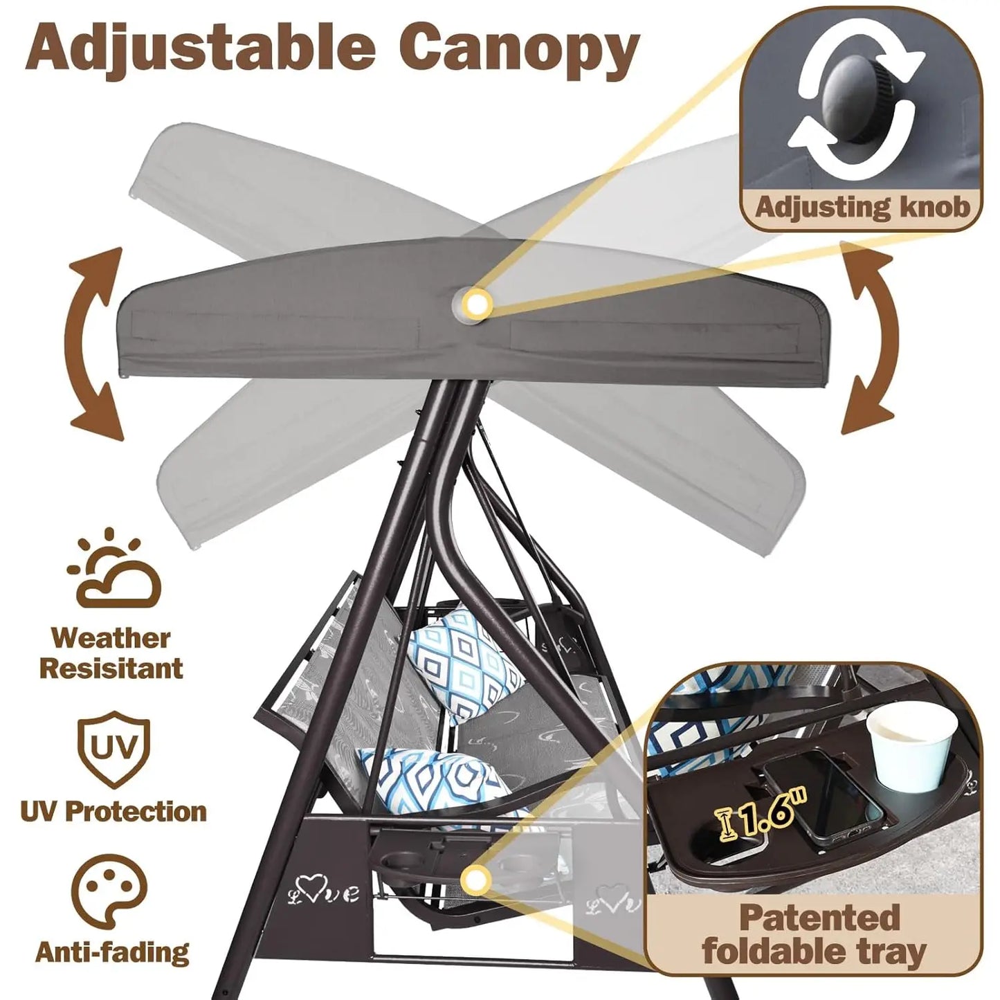 Three-Seat Patio Swing Chair With Adjustable Canopy Textilene Cup Holders