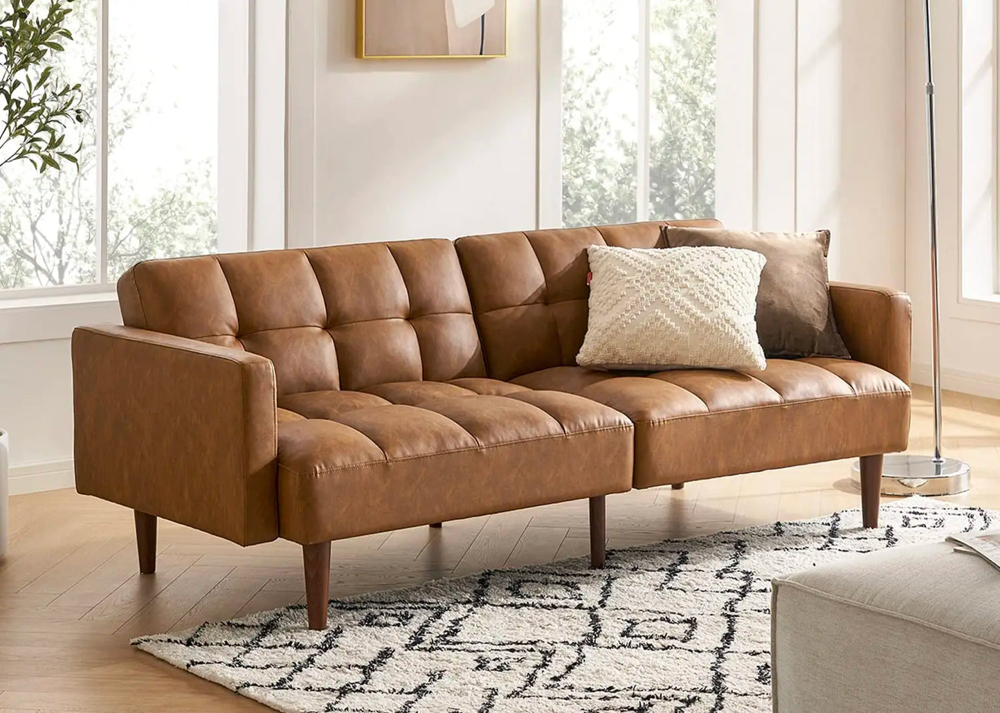 Mid Century Futon Sofa Bed PU Leather Loveseat Wood Frame