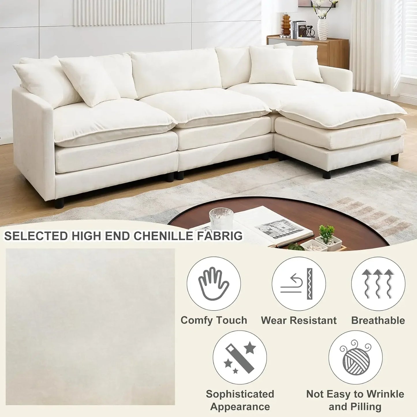 108" Cloud Sectional Couches for Living Room,Convertible L-Shape Couch with Ottoman,3 Seater Modular Sectional Sofa, Customized