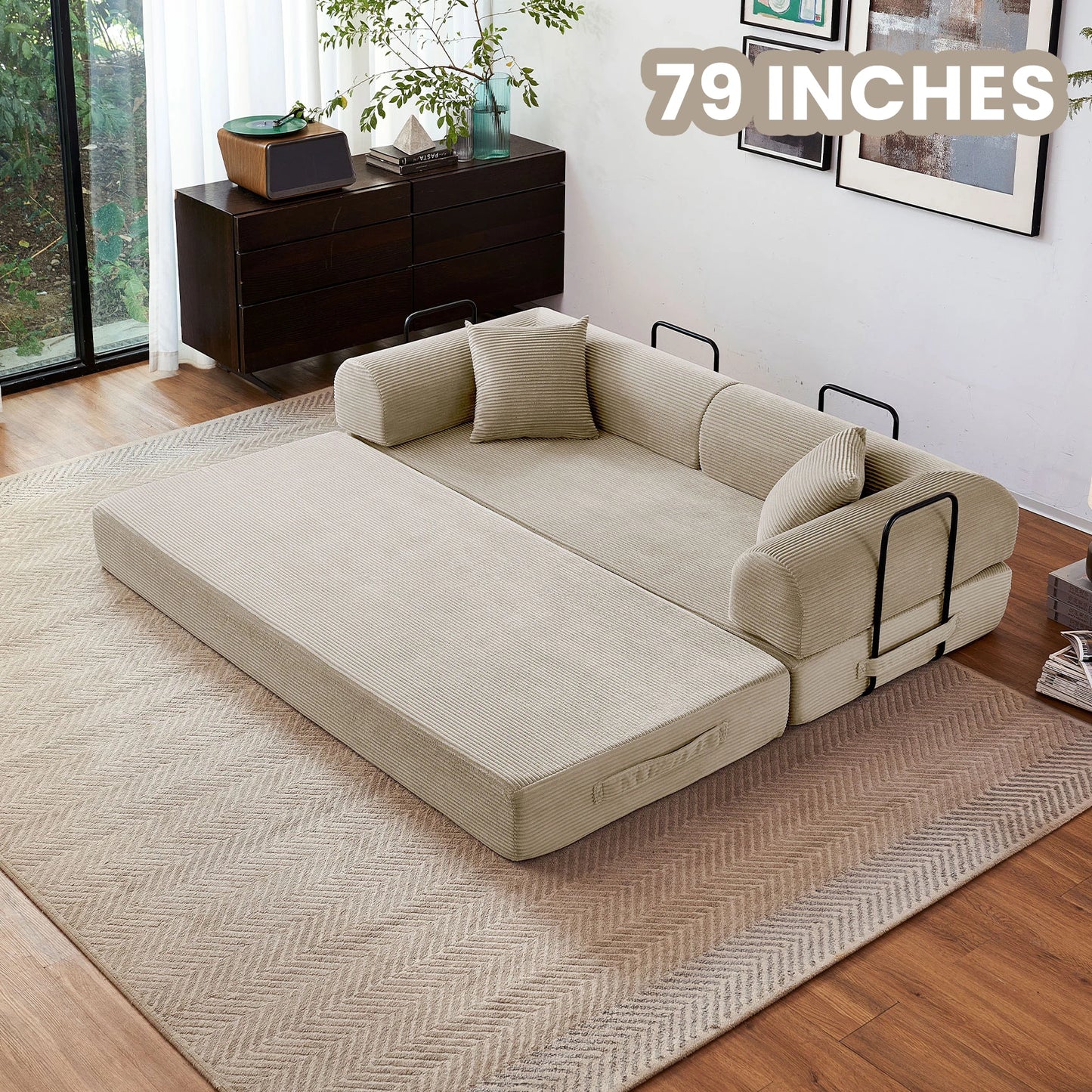 Foldable Convertible Futon Sofa Bed With L Shaped Armrests