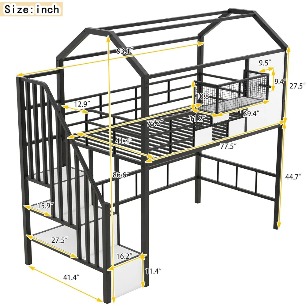 SOFTSEA Twin Size House Loft Bed with Stairs & a Storage Box, Stairway Metal Loft Bed with Roof for Kids, No Noise, Black