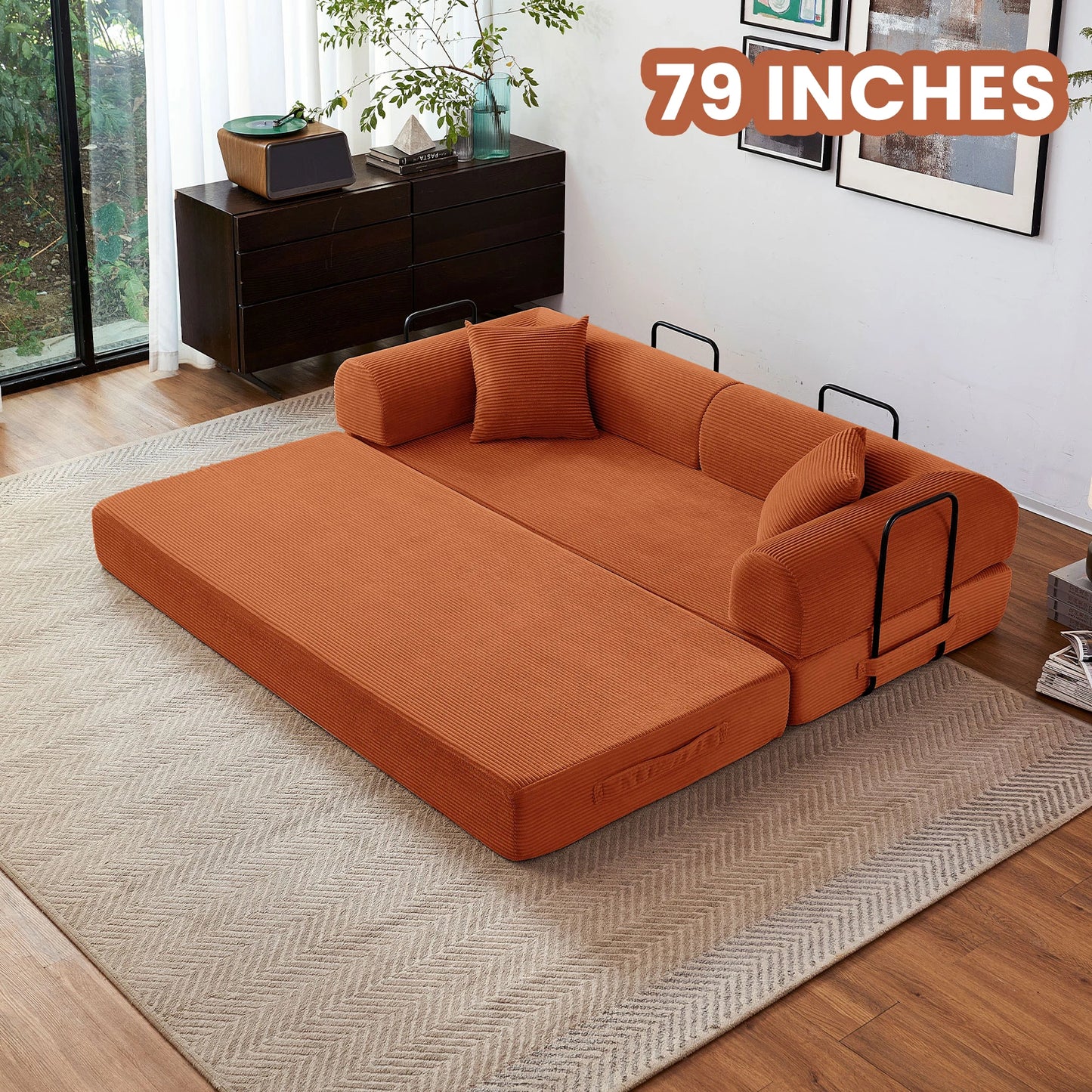 Foldable Convertible Futon Sofa Bed With L Shaped Armrests