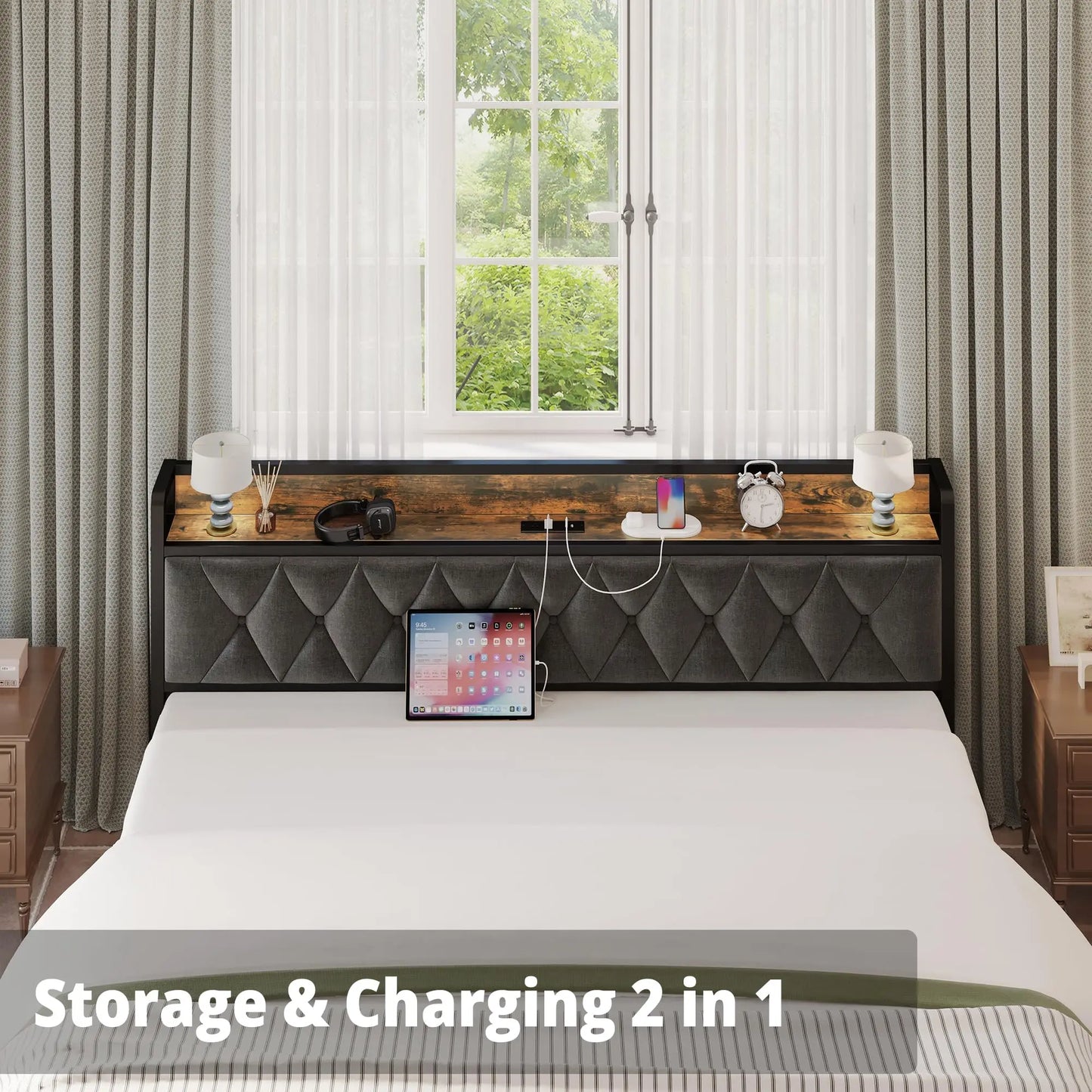 ANCTOR Bed Frames With Storage Headboard Outlets No Noise No Box Springs