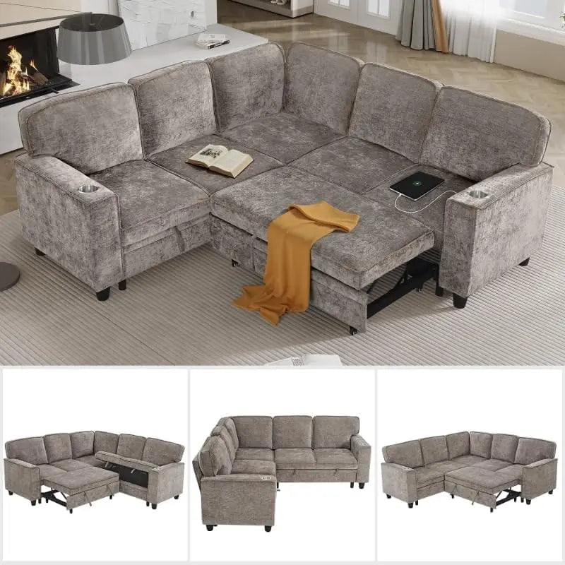Modular L Shaped Sectional Sofa With Sleeper Storage USB Ports