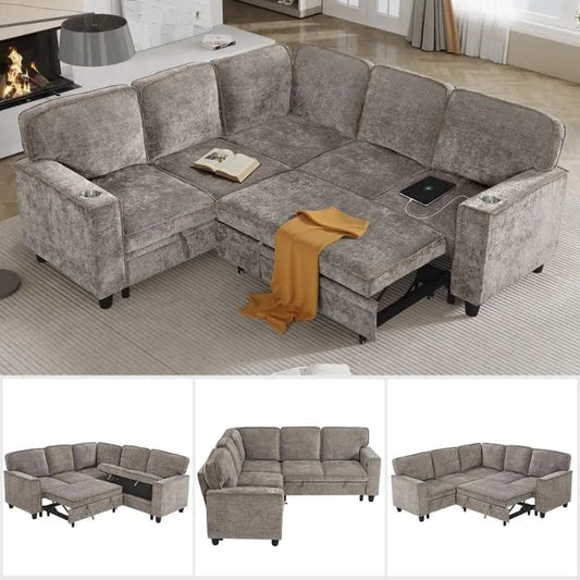 Modular L Shaped Sectional Sofa With Sleeper Storage USB Ports