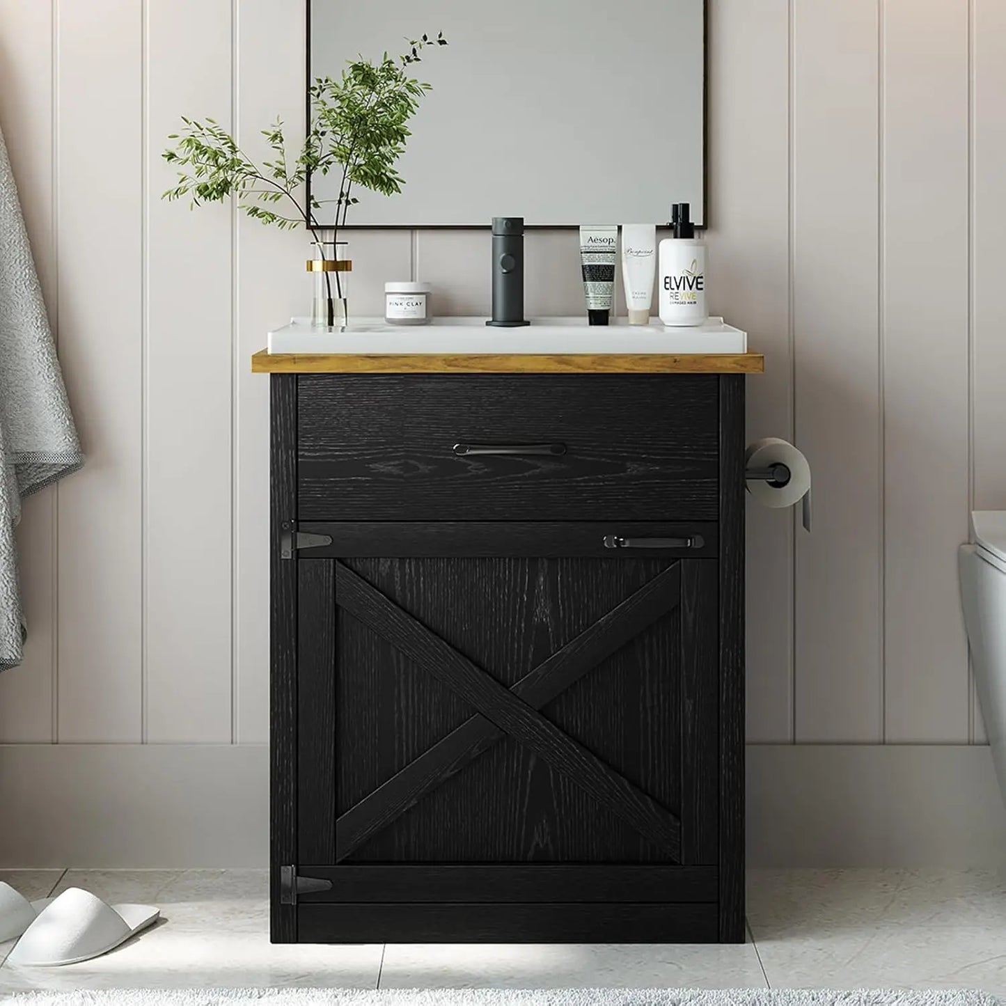 Bathroom Vanity With Sink Farmhouse Cabinet Drawer And Barn Door Towel Bar