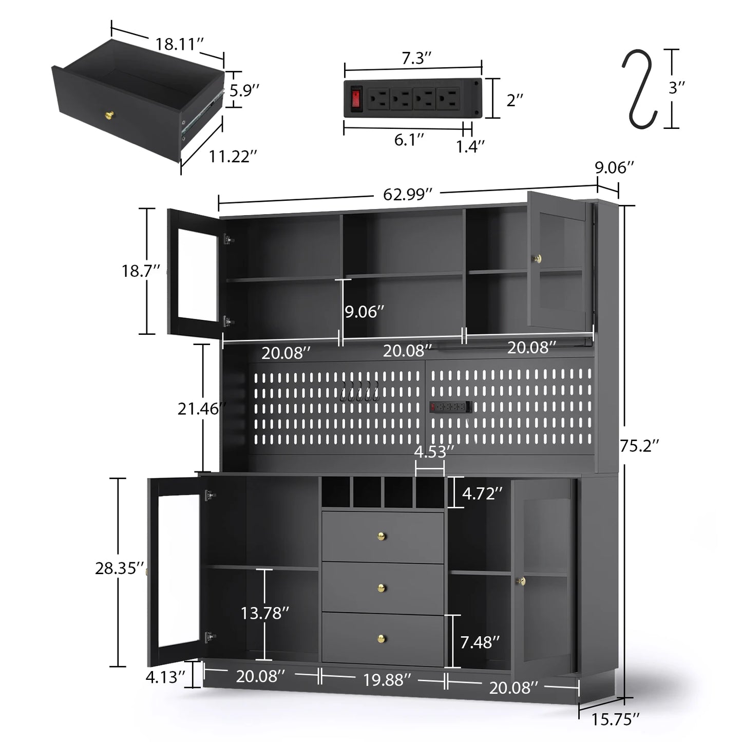VOWNER Pantry Cabinet Freestanding Kitchen Storage Pegboard Power Outlet