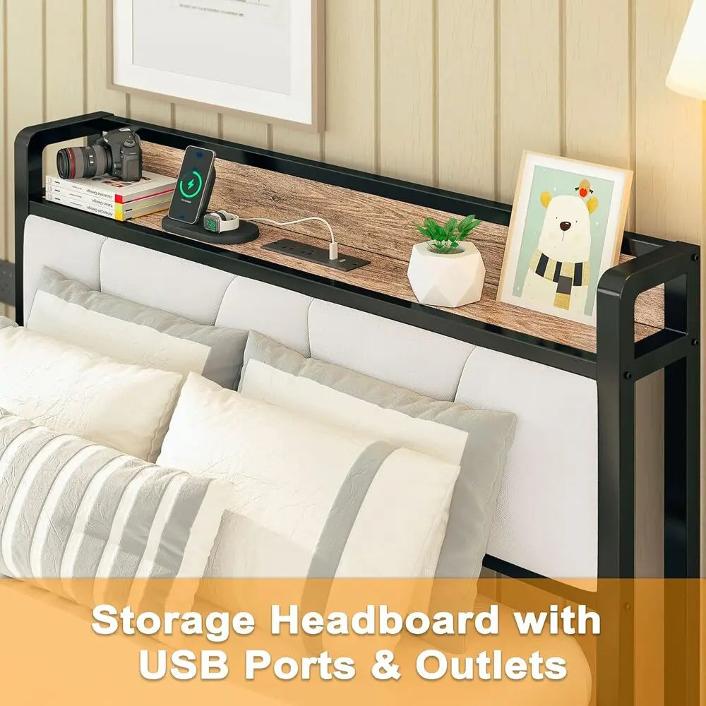 LIKIMIO Bed Frame With Storage Headboard And Charging Station