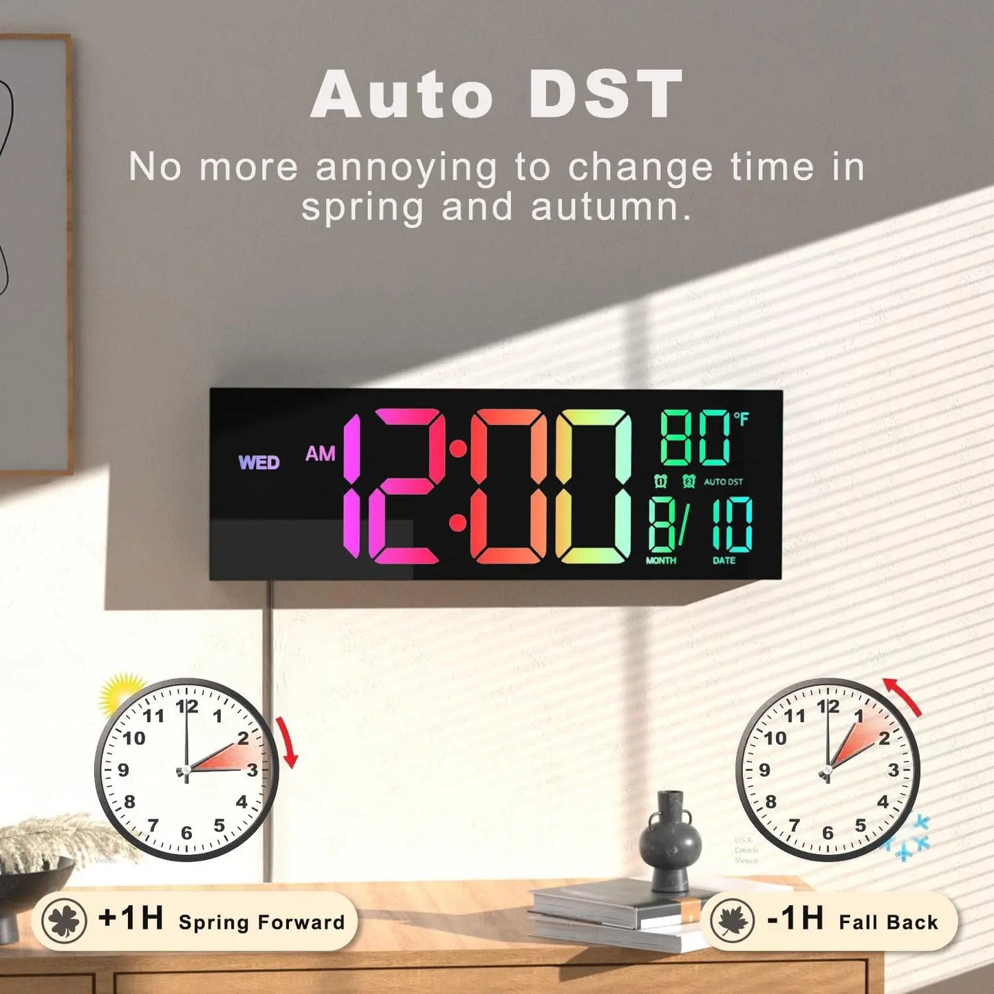 Digital Wall Clock Remote Timer Alarm Big LED Screen 8 RGB Colors Temperature