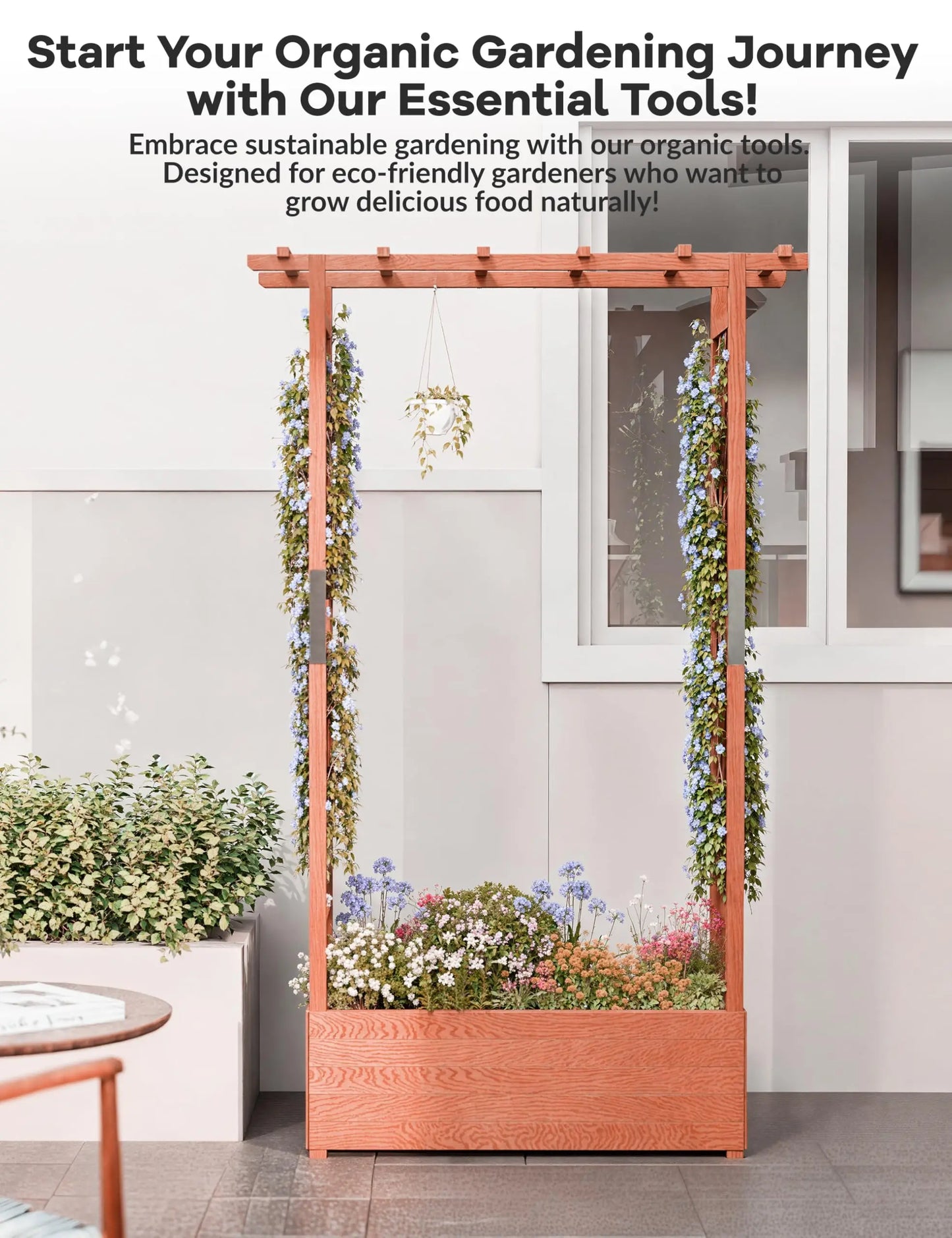 HiMISS Elevated Wooden Raised Garden Bed With Trellis For Climbing