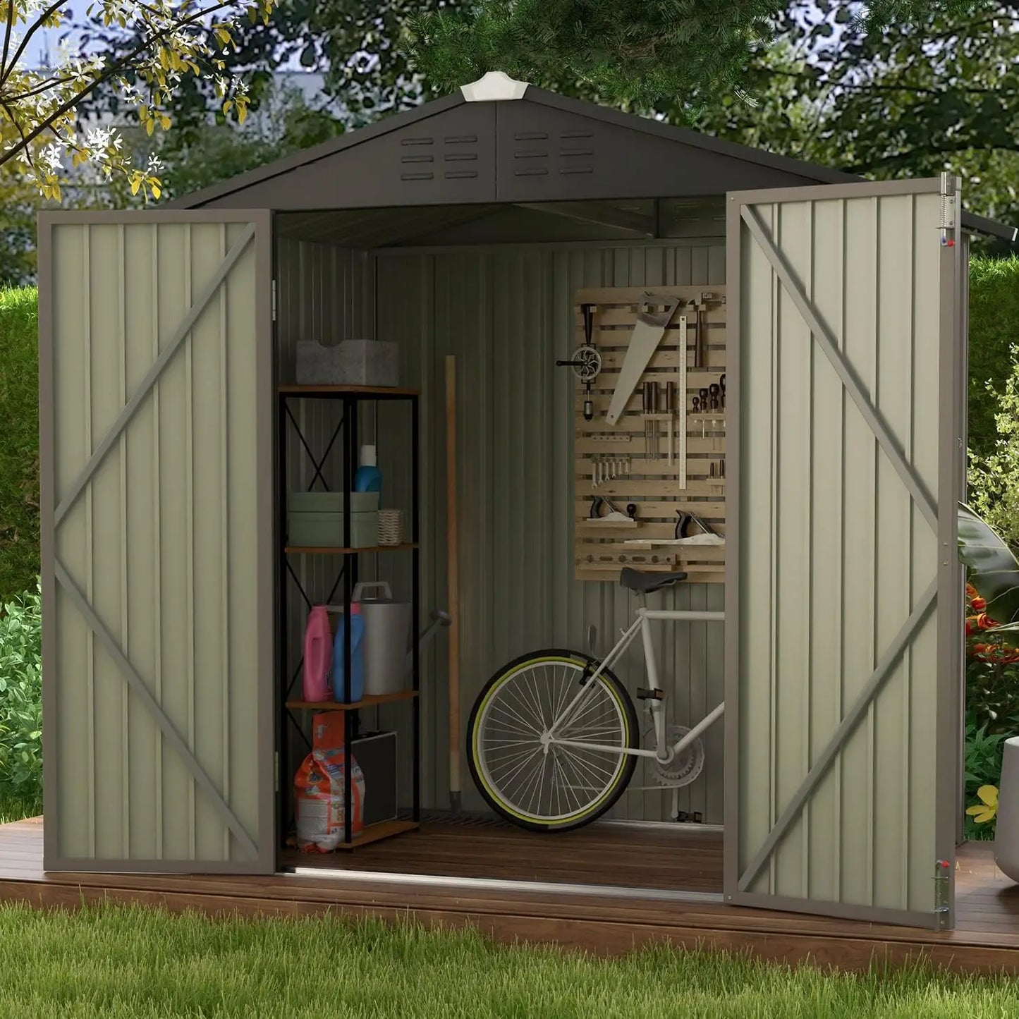 Outdoor Storage Shed With Sloping Roof And Double Lockable Door