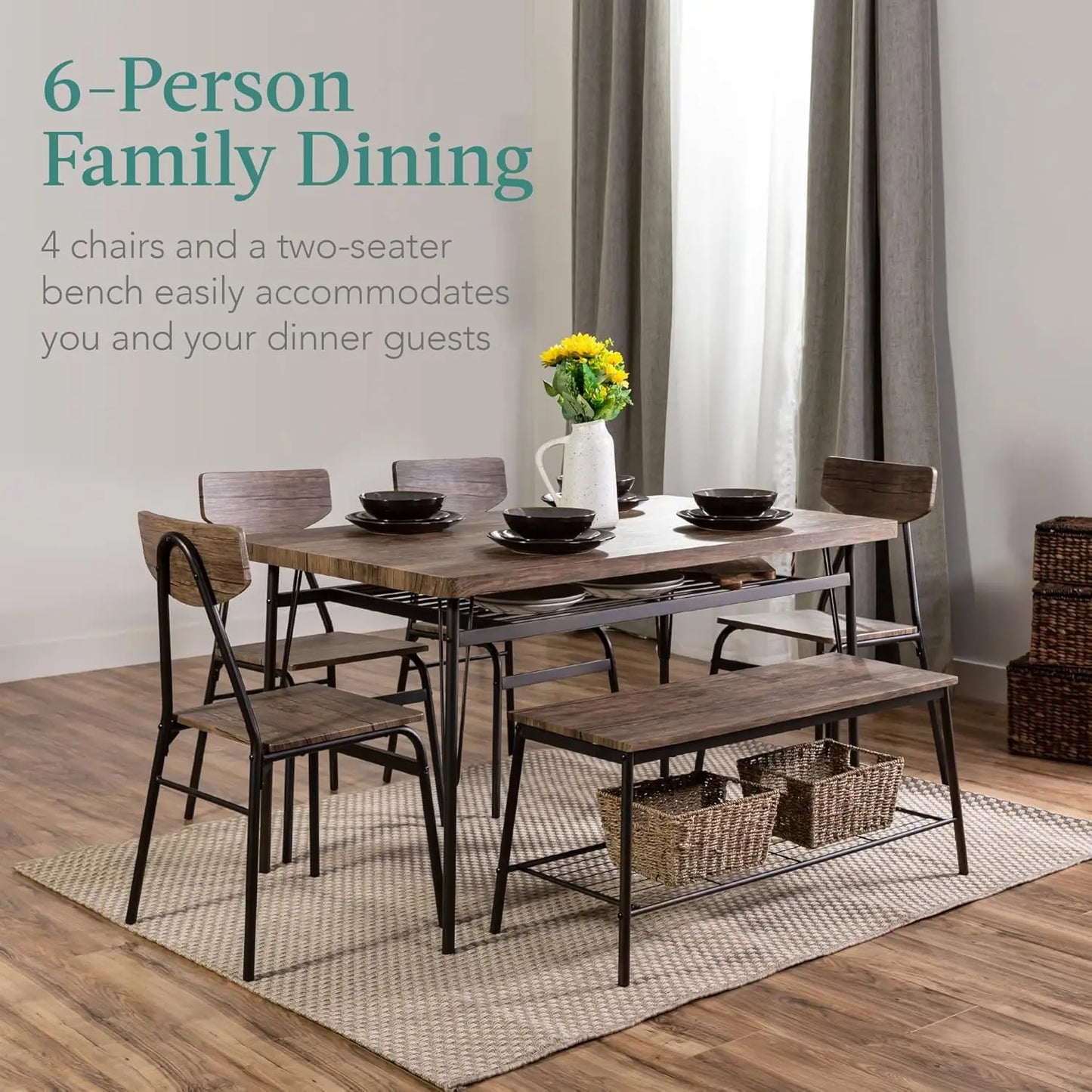 Modern Dining Set With Bench And Four Classic Chairs