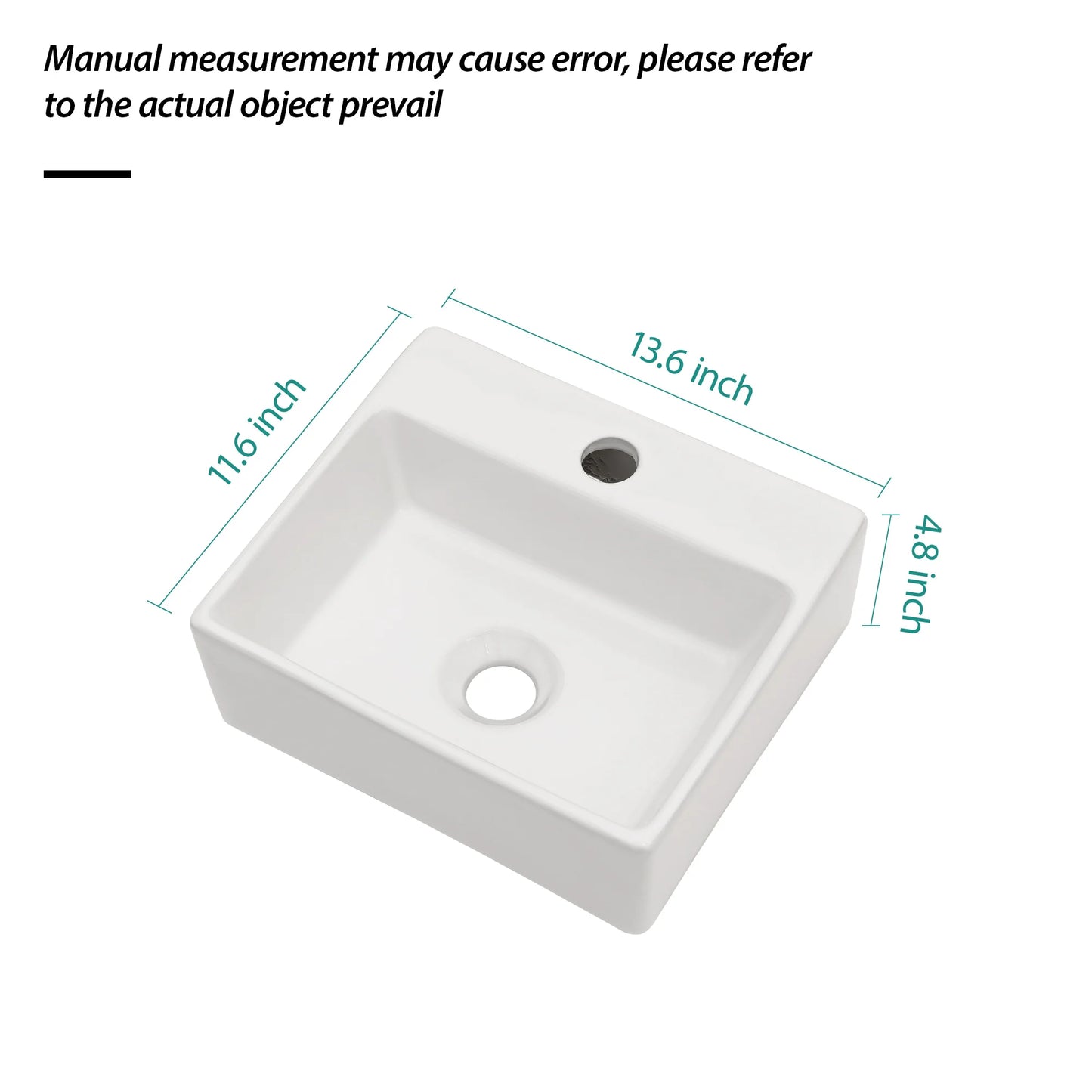 13.6x11.6” White Ceramic Rectangular Wall Mount Bathroom Sink with Single Faucet Hole ( Faucet and Sink Undermount Not Included)