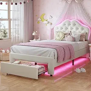 Twin Size Girl Bed with Storage Drawer & LED Lights, Upholstered Platform Bed, Adjustable Headboard with Velvet Crystal Button P