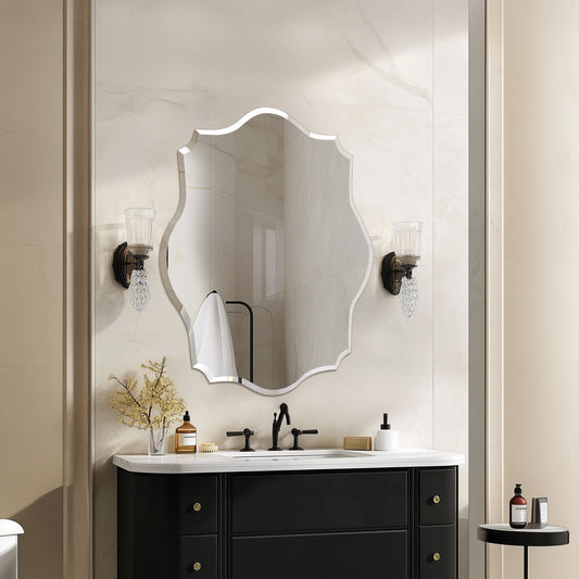 Wisfor Scalloped Frameless Wall Mirror With Beveled Edge For Bathroom