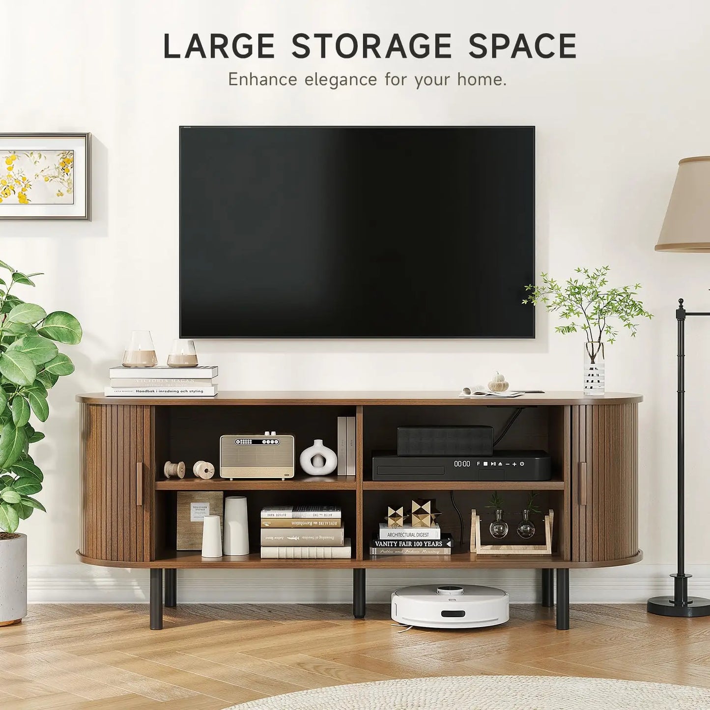 ONBRILL TV Stand With Power Outlet Sliding Doors Adjustable Shelves