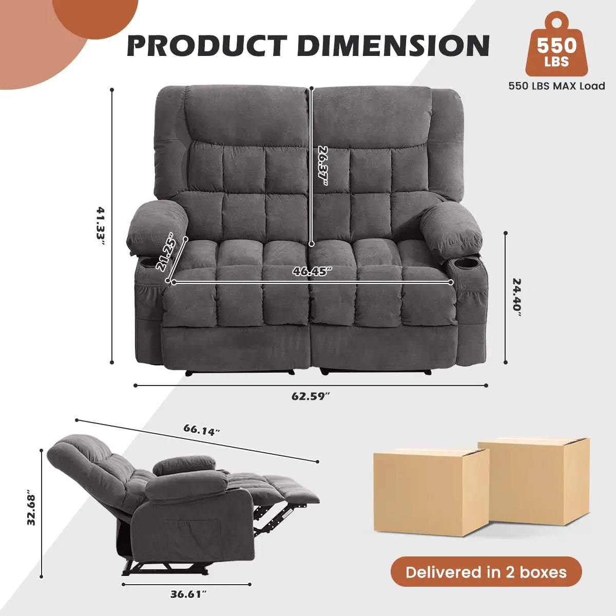 GUANGBAI Ergonomic Manual Recliner Loveseat With Cup Holders