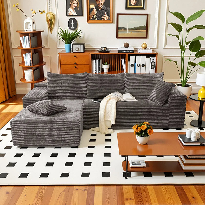 L-Shaped Living Room Sofa Bed Convertible In Corduroy Fabric No Assembly