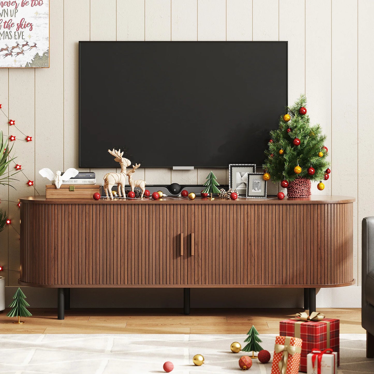 TV Stand With Power Outlet and Sliding Door Storage Entertainment Center